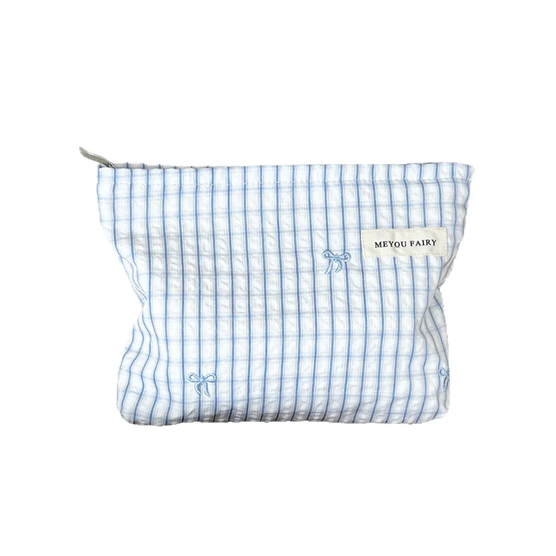 Hellblaue Gestreifte Kosmetiktasche mit Schleife, Reise-Make-up-Organizer für Damen mit Reißverschluss, Multifunktionale Toilettentasche – Detail 7