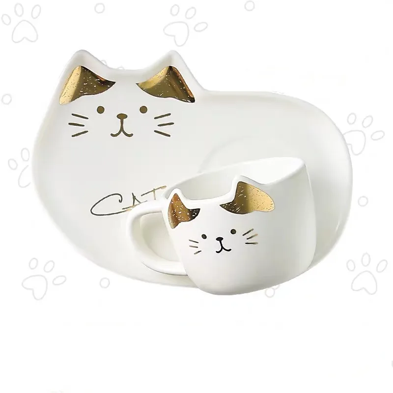 Ceramic Coffee Cup With Saucer Spoon Set Creative Cute Cartoon Cat Tea Cup Breakfast Milk Coffee Mug Bread Dessert Dish Gift