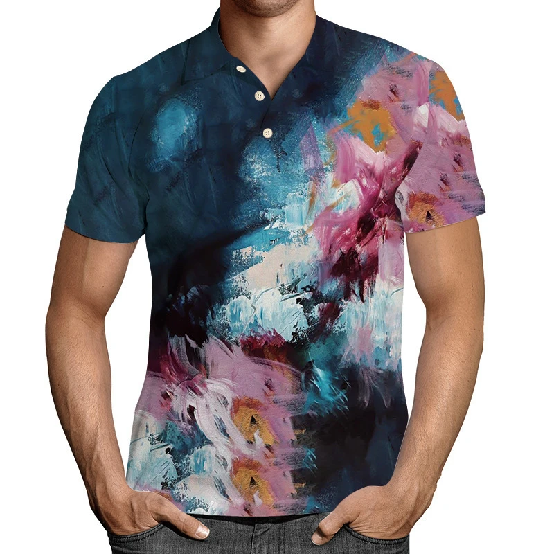 New Men\'s Polo Shirt Personality Graphic Print Men Clothing Casual Short Sleeved Loose Oversized Shirt Street Fashion Tops Tees