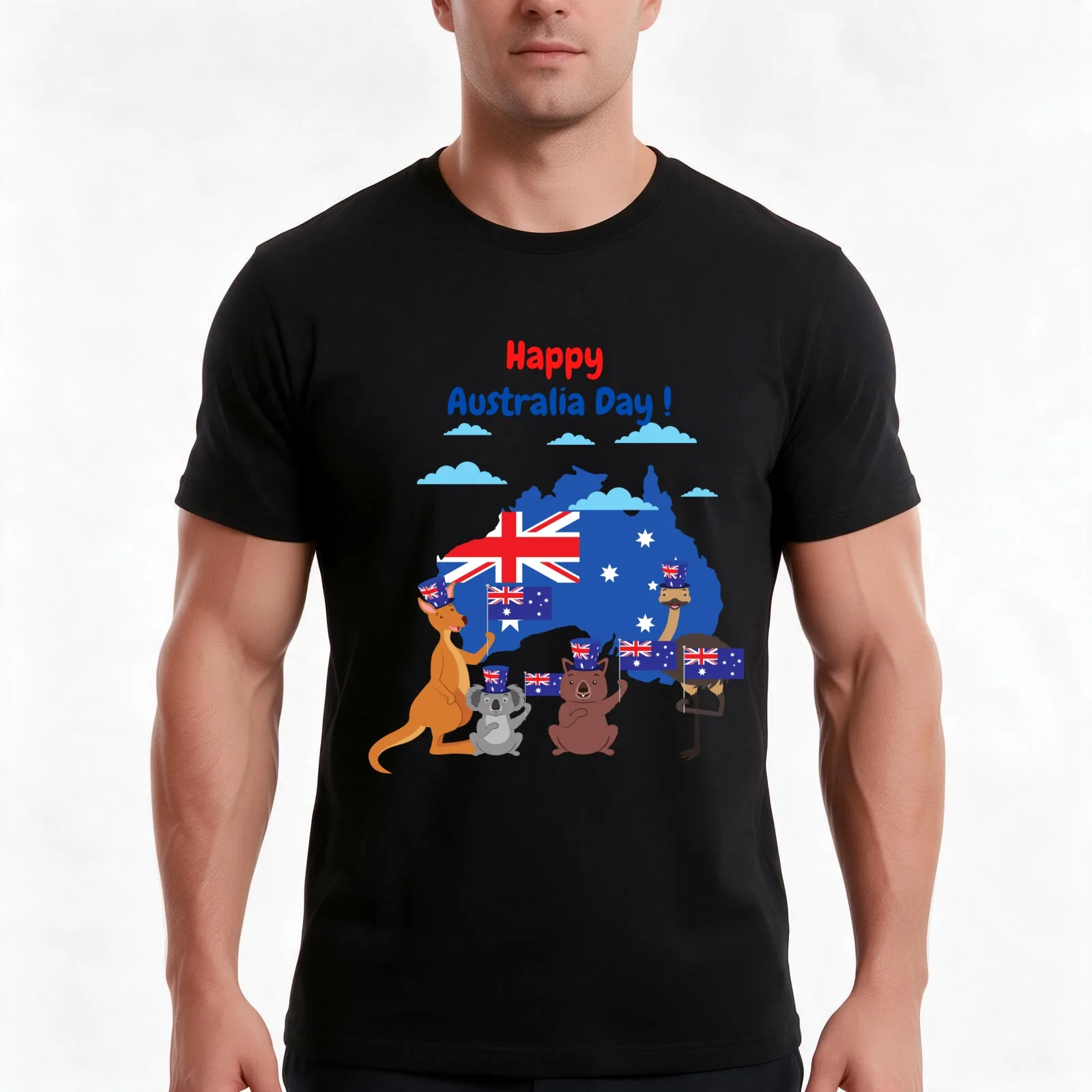 Happy Australia Day! Funny Animals ,red and blue letters T-Shirt, Summer Casual Cotton Tee, Oversized Streetwear Tops