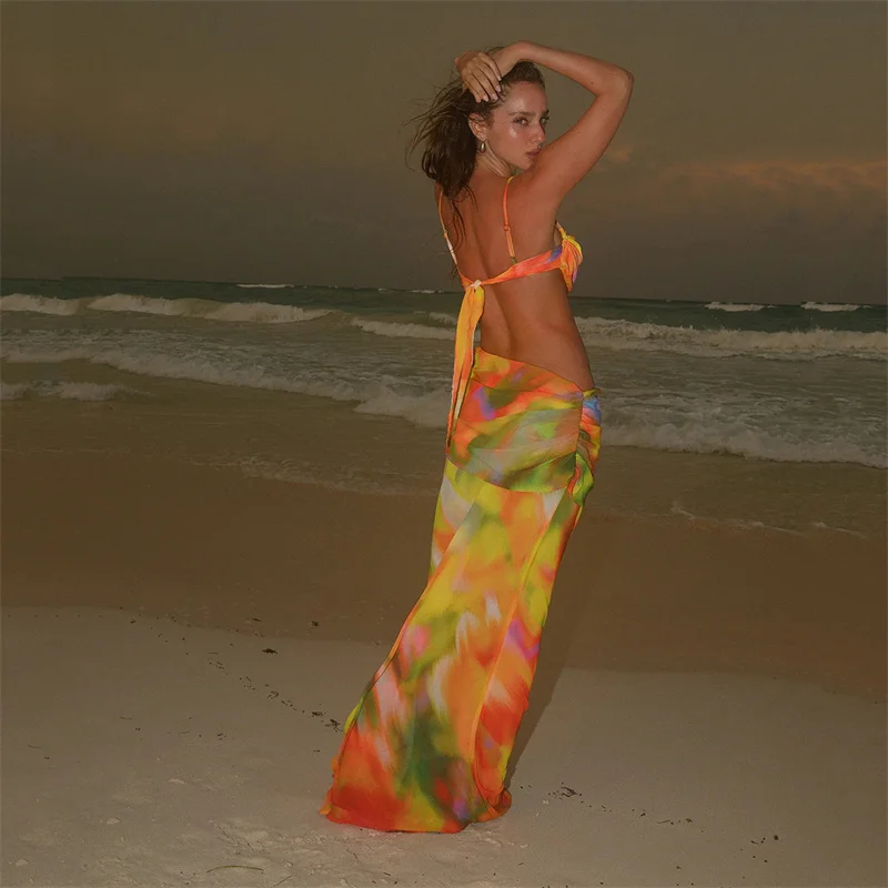 Para Praia Print Uitgeholde Maxi Jurk 2024 Strandjurk Bikini Cover Zwemkleding Cover Sexy Strand Outfits Voor Dames Strandkleding