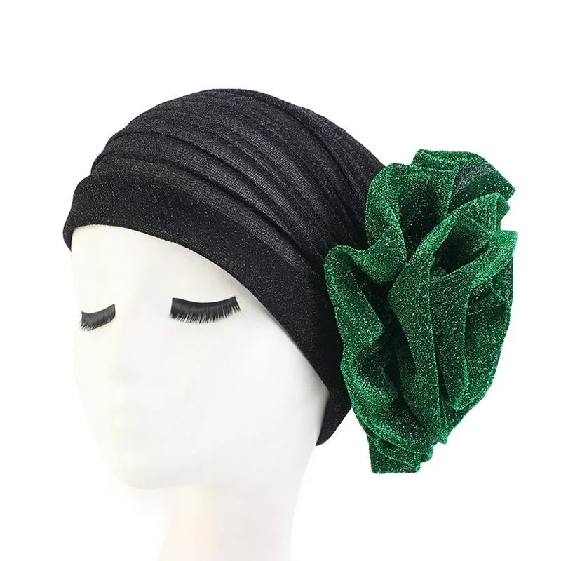 ผู้หญิง Hijabs Elegant SHINY Turban ดอกไม้ใหญ่ Headscarf หมวก Headwrap มุสลิม Hijab Chemo หมวก Bonnet Beanies Shimmer Headwear ใหม่