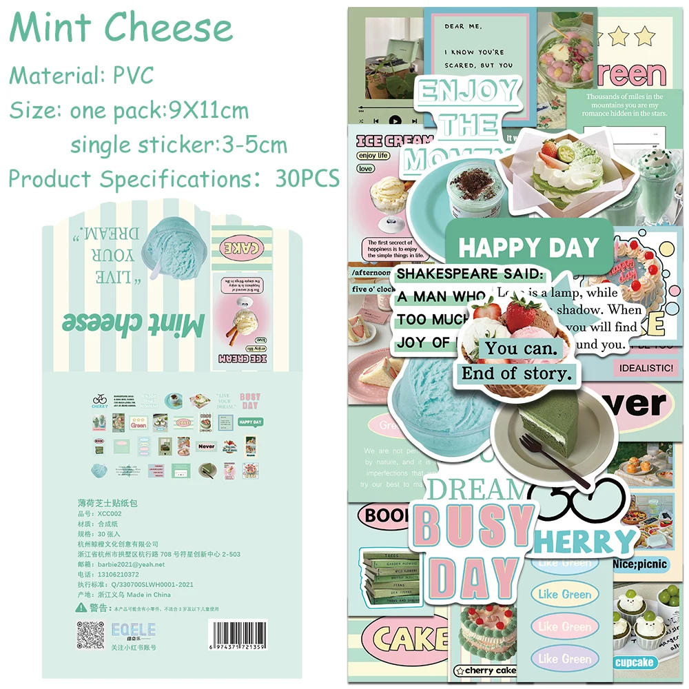 

30pcs/pack INS Style Mint Cheese Sticker Pack Decals For Laptop Scrapbook Luggage Helmet Aesthetic Stickers Kids Creative Gifts