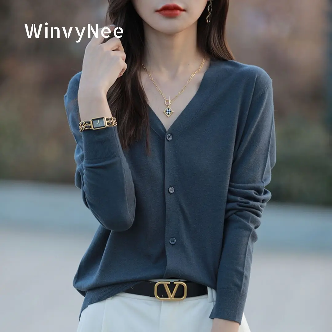 

WinvyNee Women Worsted Wool V Neck Single Breasted Cardigan Spring Autumn Long Sleeve Casual Knit Basic Apparel Tops A1757001