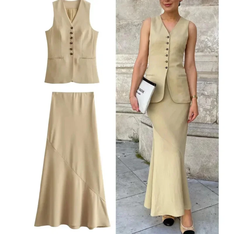 Elegant Single Breasted Vest Skirt Set Women Fashion Sleeveless Slim V Neck Top Suit Sexy Solid High Waist Straight Long Skirt