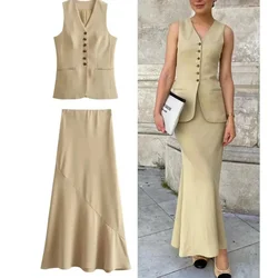 Elegant Single Breasted Vest Skirt Set Women Fashion Sleeveless Slim V Neck Top Suit Sexy Solid High Waist Straight Long Skirt