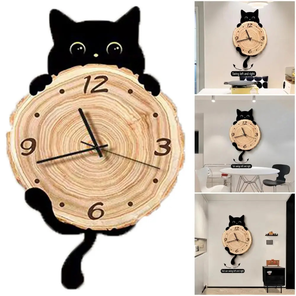 Creative Black Cat Wall Clock Silent Movement Non-Ticking Wall-mounted Clock Wag Tail Irregular Dial Hanging Clock For Kitchen