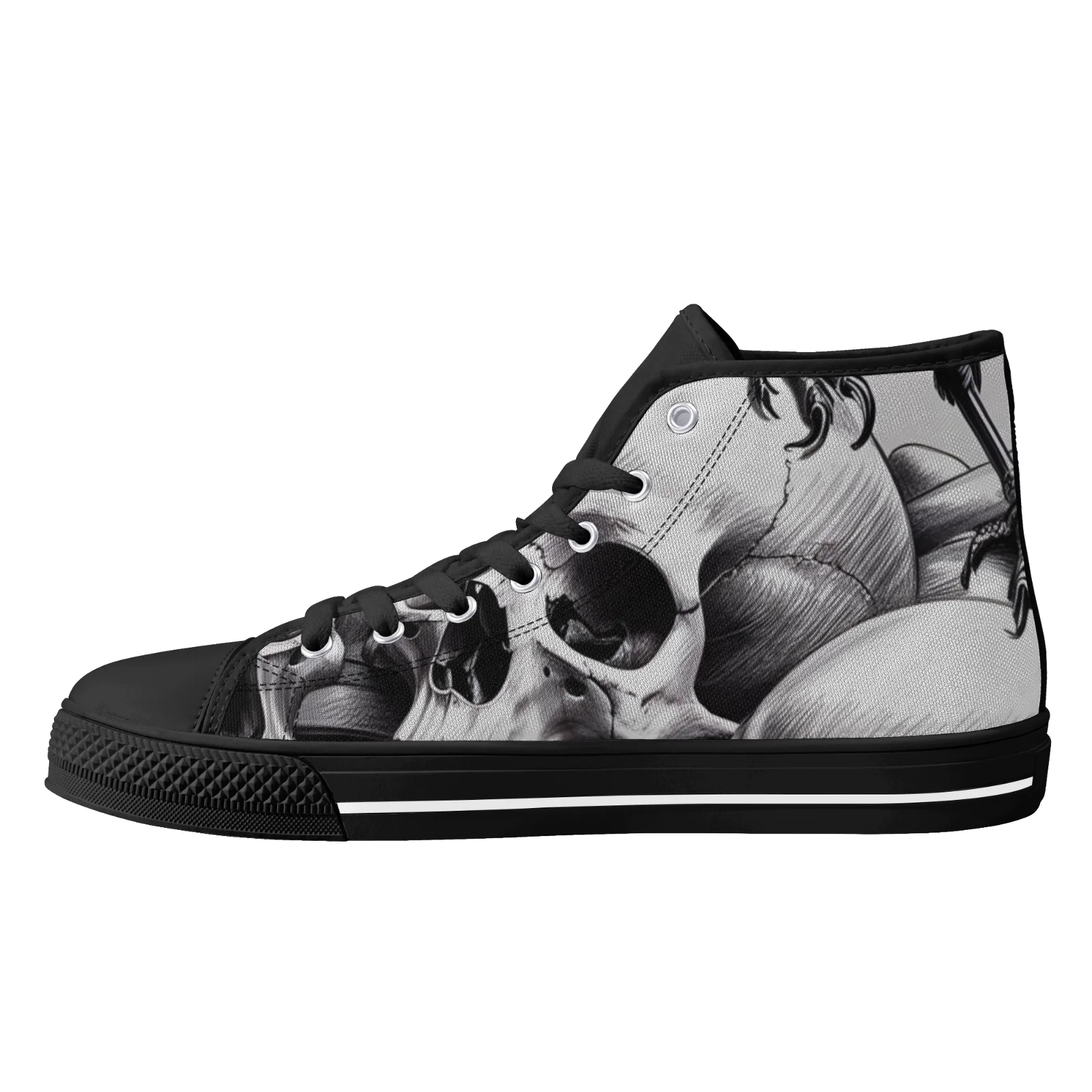 カスタムシューズ キャンバスシューズ スケルトン ゴシック スカルプリント クラシック ハイトップ 加硫靴 ティーンズ ボーイズ フラットシューズ サイズ EU35-48