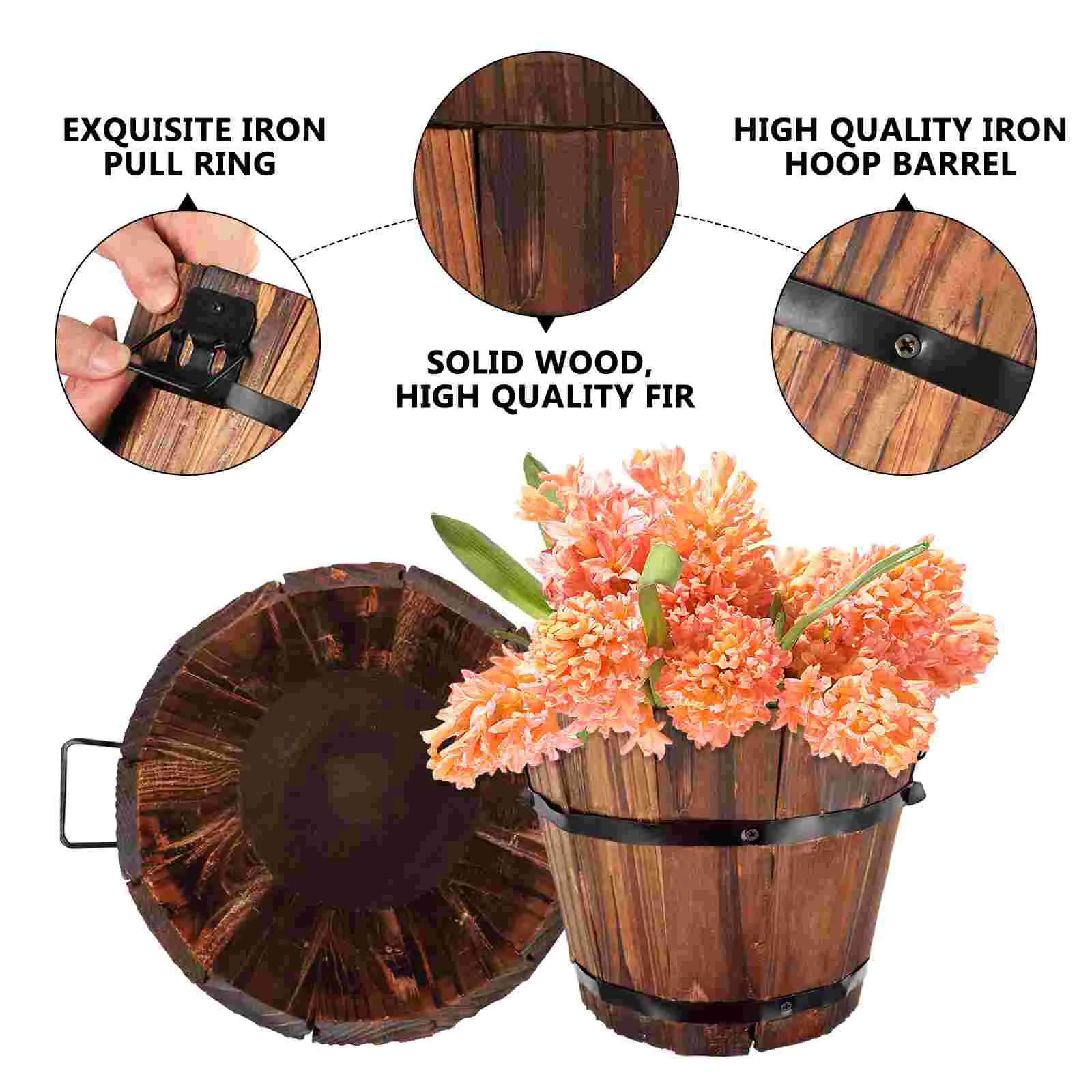 1 szt. Drewniane beczki kubełkowe okrągłe rustykalny kwiatowy doniczki dla hodowcy roślin pojemnik na wodę ogrodowy wystrój podwórka 18cm * 15cm *