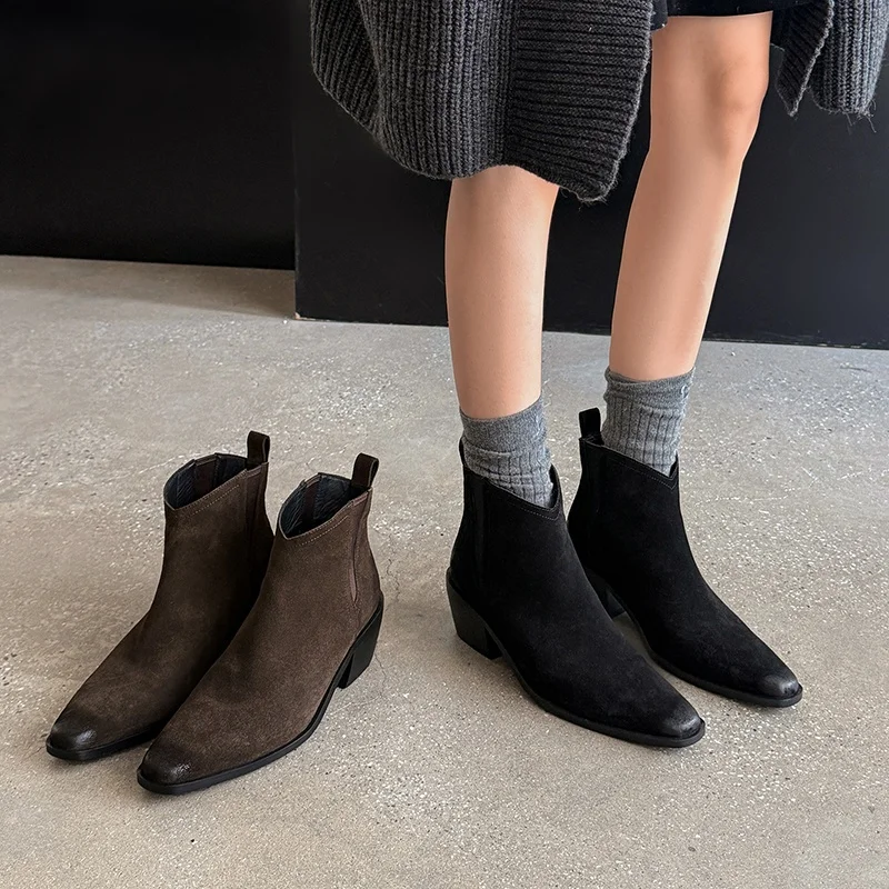 

Ботинки челси из натуральной замши, ботильоны с v-образным вырезом на массивном среднем каблуке и квадратным носком, женская осенне-зимняя офисная универсальная обувь