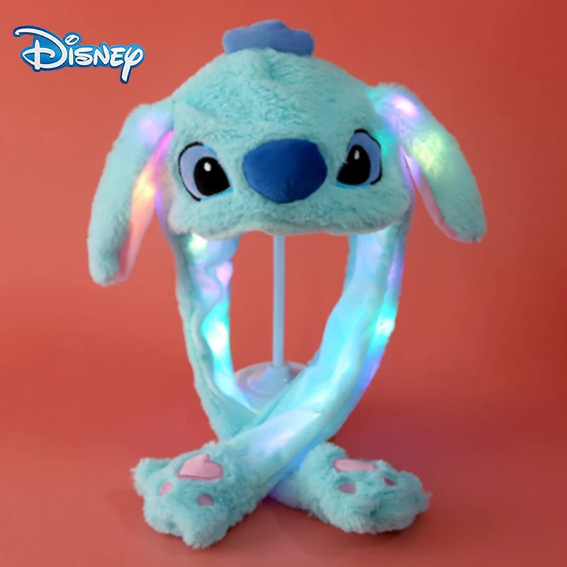 Disney Stitch Luminous/No Light Plush Hat Lovely Funny Up Down Moving Bunny Ears Toy Hat Winter Plush Cap Scarf Set Child Gifts