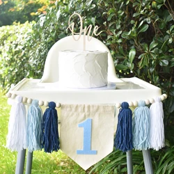 1st Birthday High Chair Banner Blue Birthday Party Decorations For Children Handmade Wooden Bead Tassel Garland Photography Prop