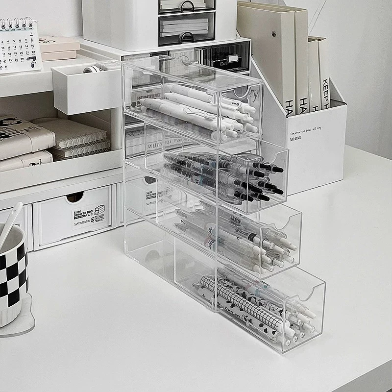 

Desktop Pen Holder Stationery Storage Box Transparent Large Capacity Desk Cosmetic Lipstick Organizer Drawer Style Storage Rack