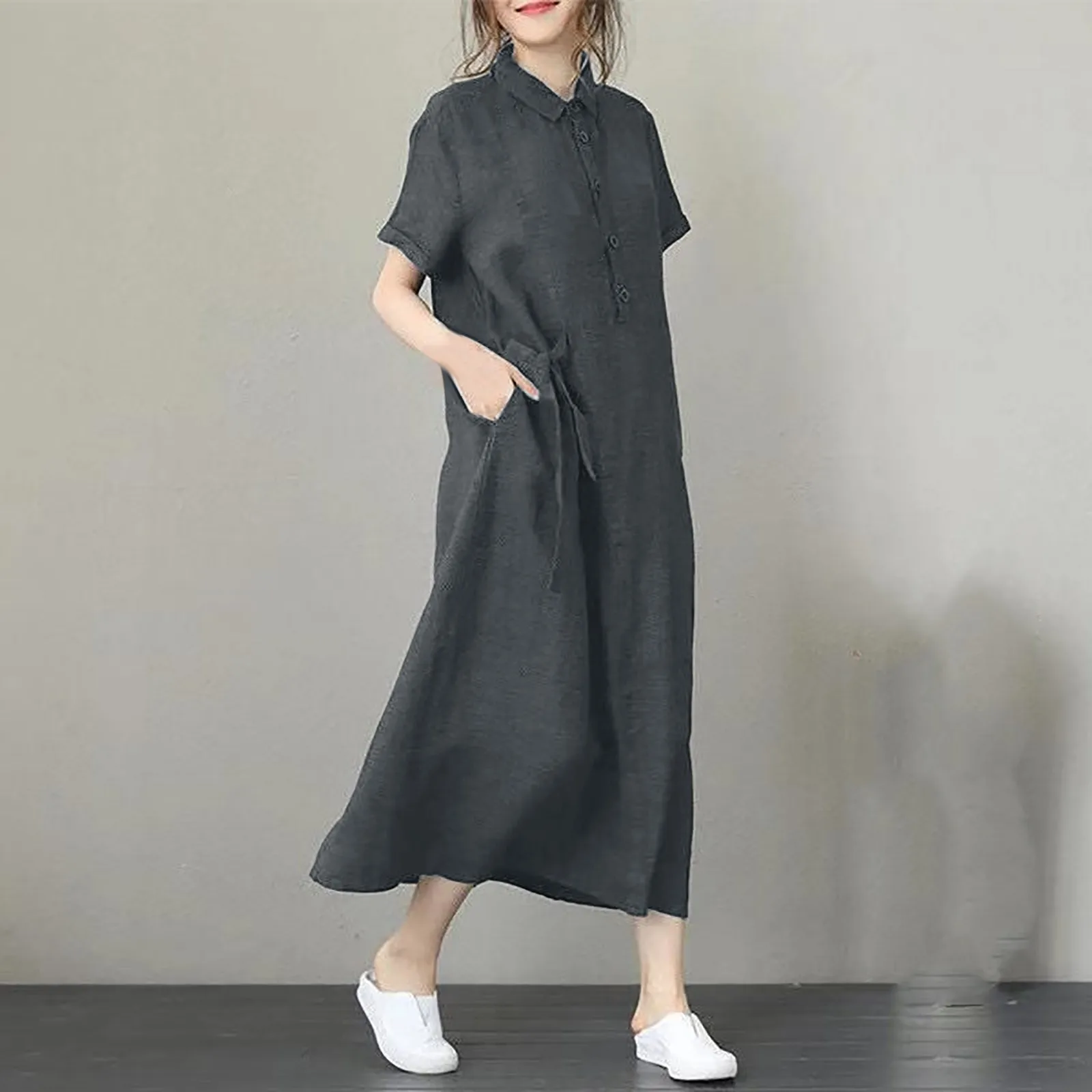 Summer Women\'s Dress 2024 Fashion Lapel Button Short Sleeve Shirt Dress Solid Colour Loose Casual Long Dresses With Pocket