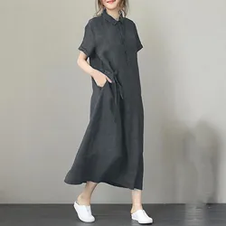 Summer Women's Dress 2024 Fashion Lapel Button Short Sleeve Shirt Dress Solid Colour Loose Casual Long Dresses With Pocket