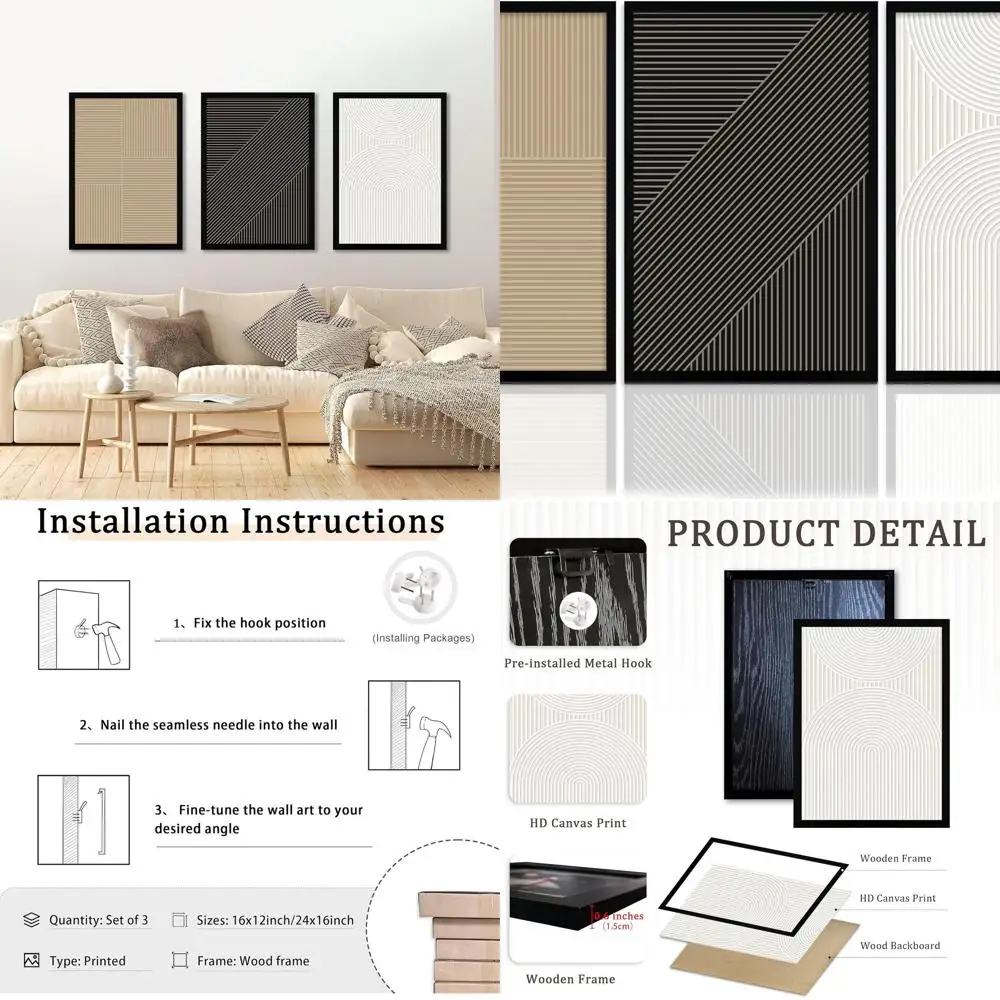 

Modern Minimalist 3-Piece Neutral Wall Art, Geometric Line Prints, Mid-Century Japandi Decor, 16x24in