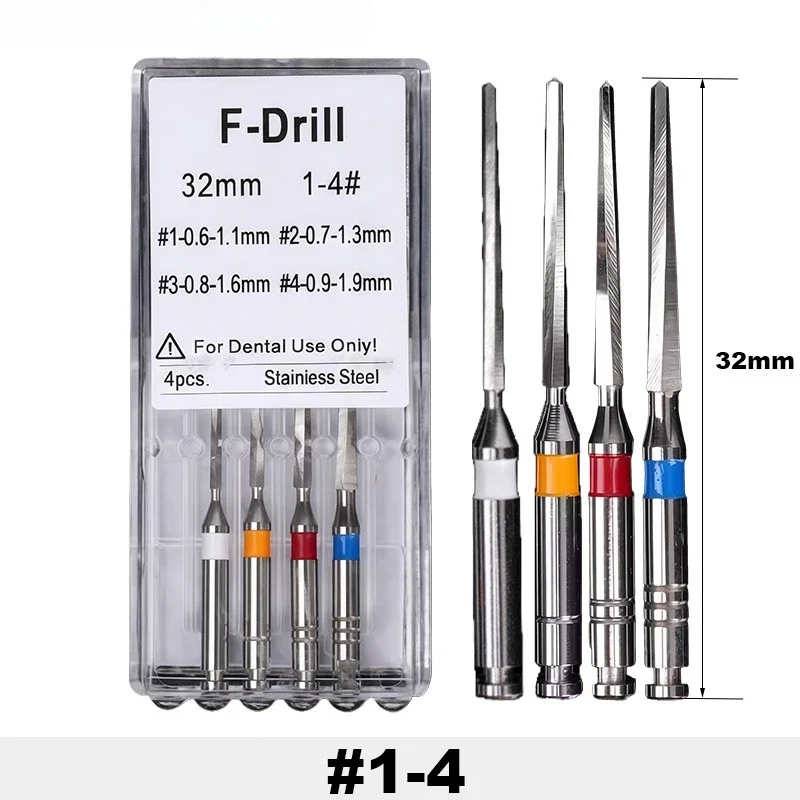 4 Pcs/Box AZDENT Dental Fiber Post Drills Stainless Steel Endodontic Reamer Root Canal Reamer 32MM1-4# Dental Instrument