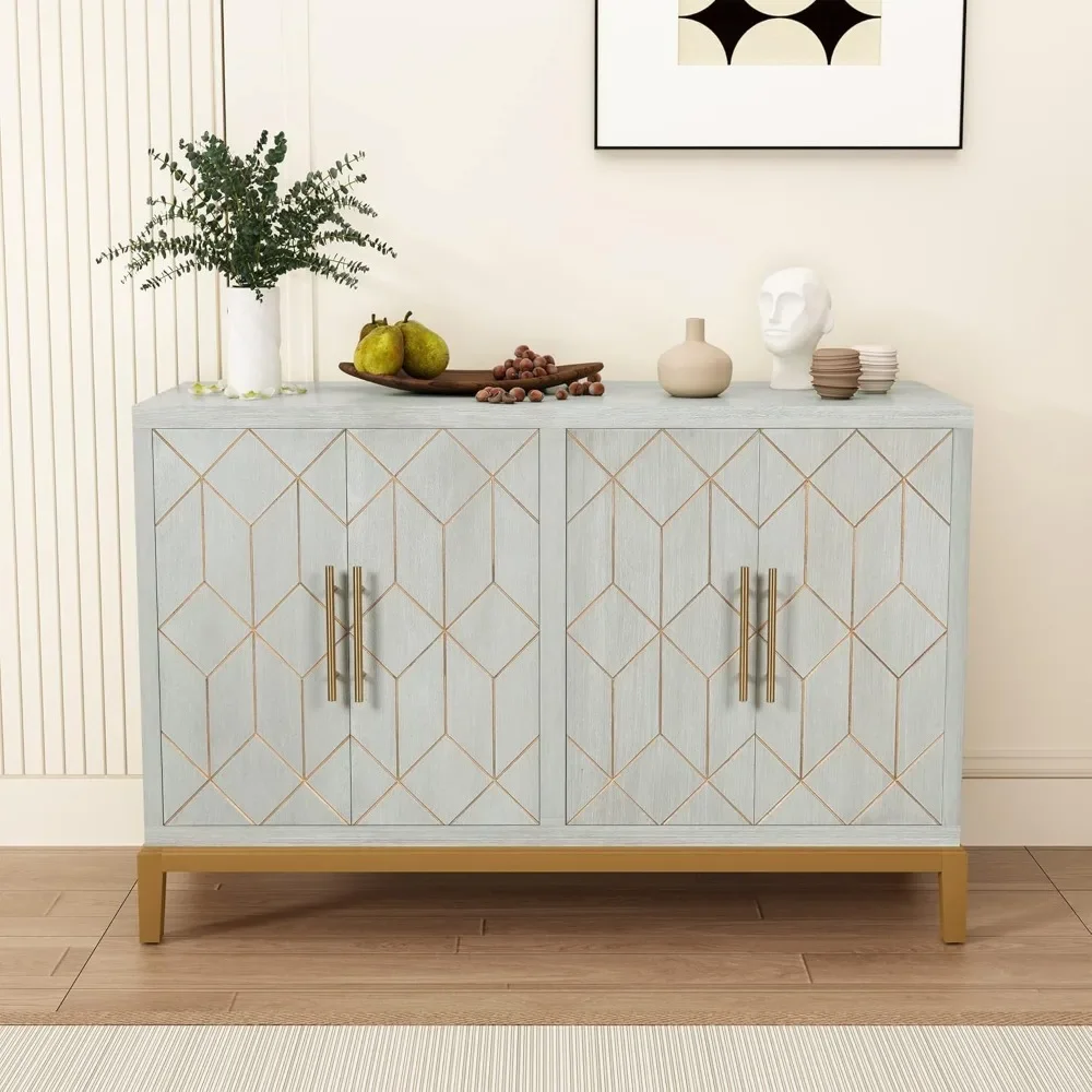 Armário de destaque de 48" com 4 portas e prateleiras, armário de armazenamento de credenza moderna com acabamento dourado, armário de buffet verde para sala de estar