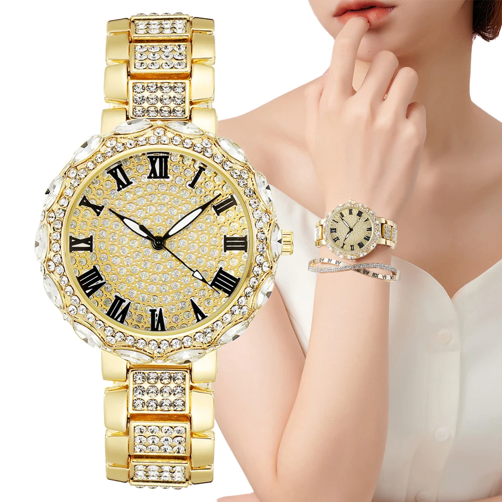 

Fashion 2022 Brand Watches Women Full Star With Diamonds Rome Design Quartz Watch Stainless Steel Horseshoe Buckle Strap Clock