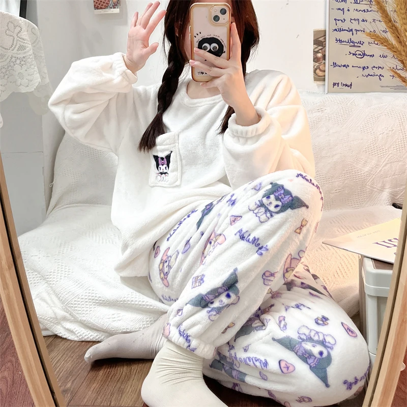 Sanrio Kuromi Pochacco Fashion Casual Home Flannel Thick Warm Cartoon Pajamas Set For Women