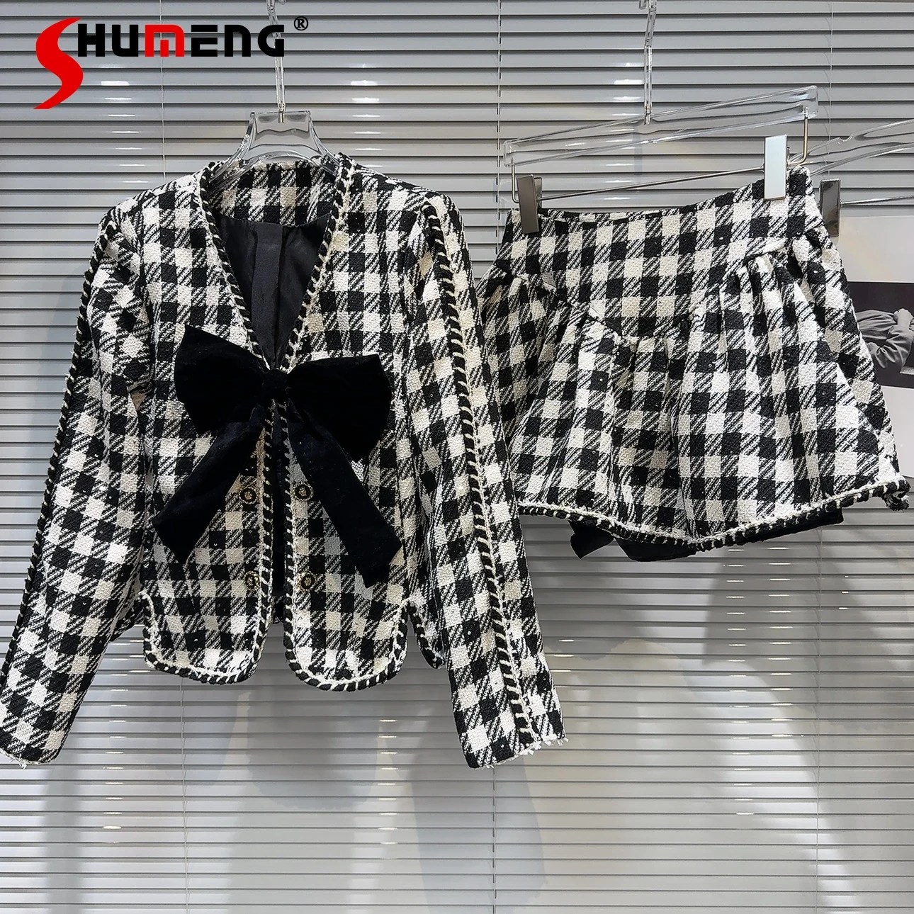 Women's 2024 Autumn New Two-piece Sets Ladies Small Fragrant Black White Plaid 2PCs Big Bow Super Nice Chic Short Coat Skirt Set