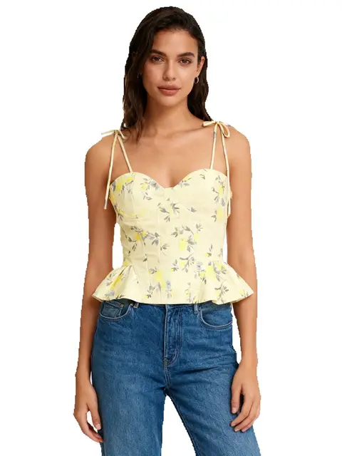 Chu Sau beauty Women New Fashion Sweet Floral Print Cropped Tops French V-Neck Sexy Backless Camisole Chic Ruffles Camis