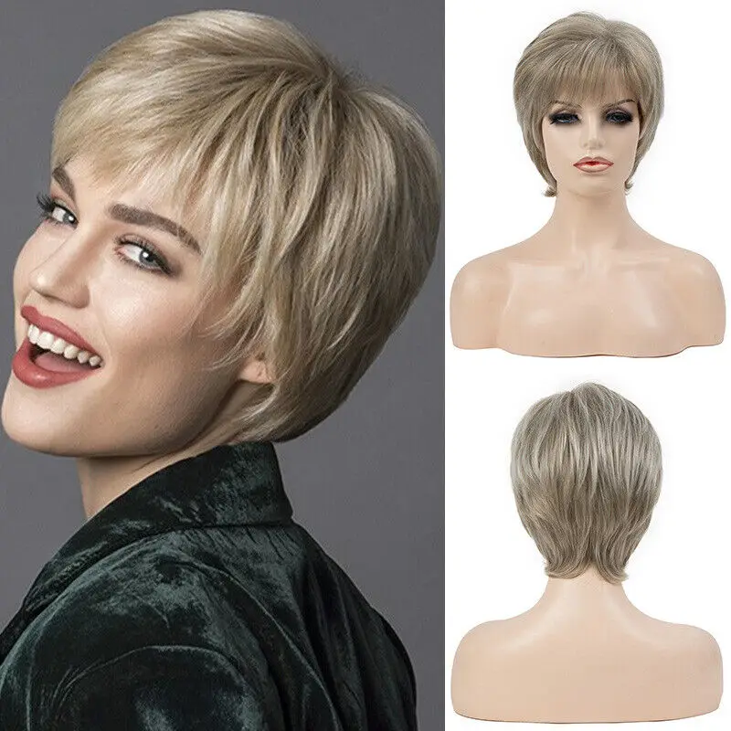 

Female Bangs Mixed Gray Brown Short Straight Hair Synthetic Wig