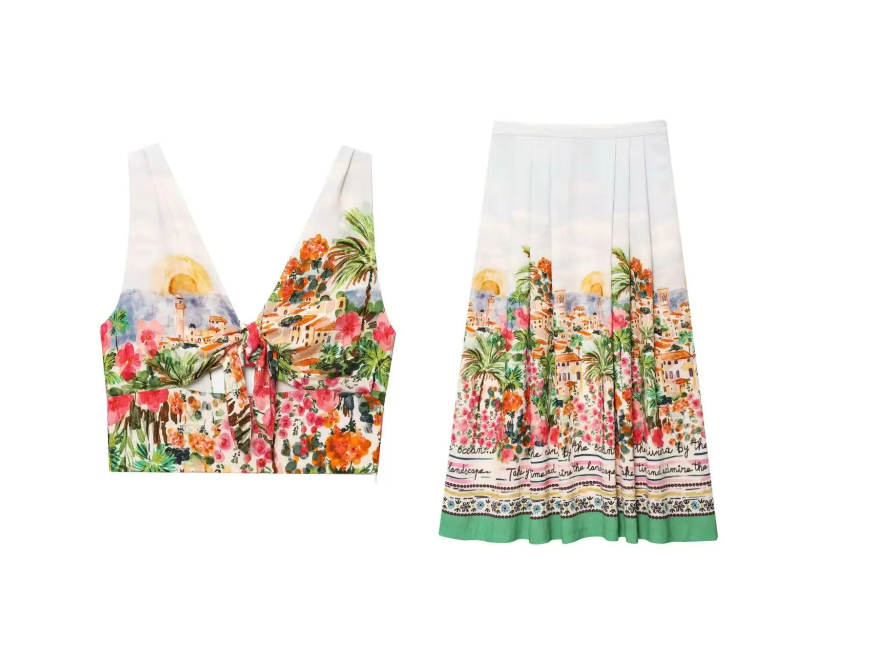 

Летний праздничный комплект платьев с принтом, женский топ с v-образным вырезом и лямкой на шее или плиссированная юбка, лето 2025 г., элегантный праздничный женский комплект