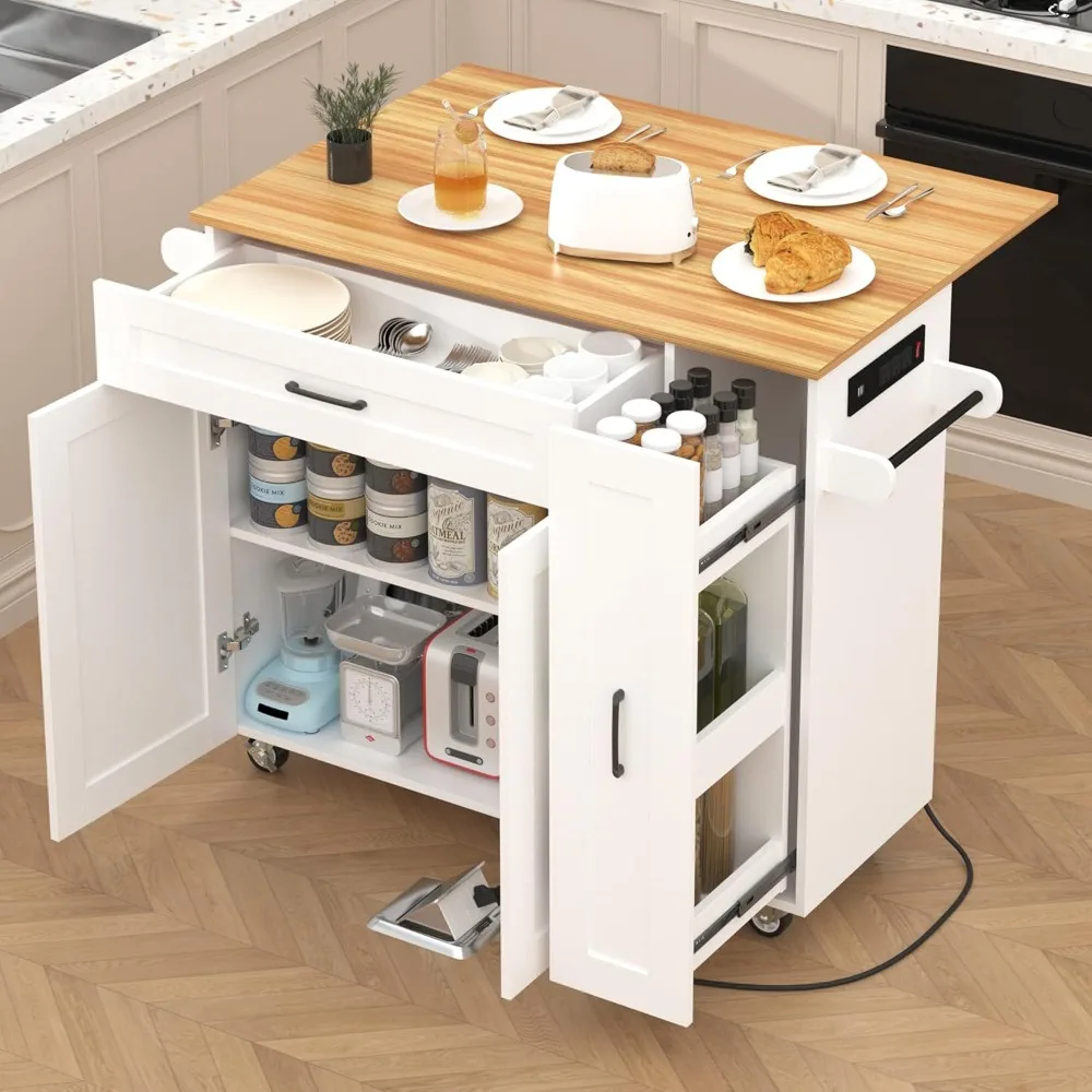 

Kitchen Island On Wheels, Rolling Kitchen Islands Cart with Drop Leaf Countertop, Modern Islands cart with Power Outlets