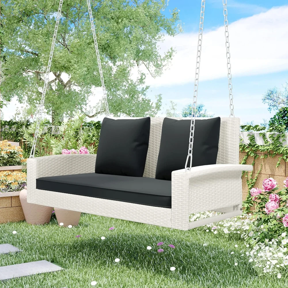 

Patio Porch Swing, Outdoor Swing Chair Bench, Wicker Hanging Porch Swing with Chains, Cushion and Pillow