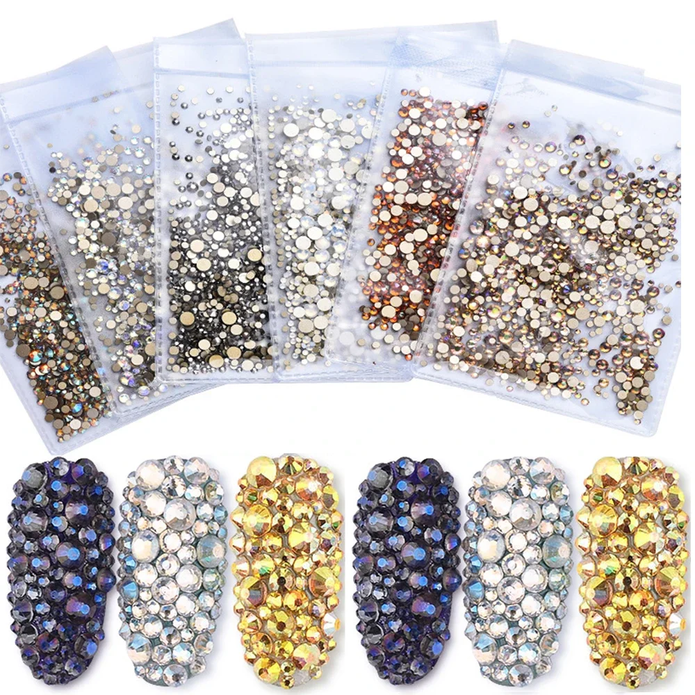 SS4-SS20 Mix Size Nail Rhinestone Crystal Gold FlatBack Rhinestones  Glitter Stones For 3D Nail Art Accessories Decorations