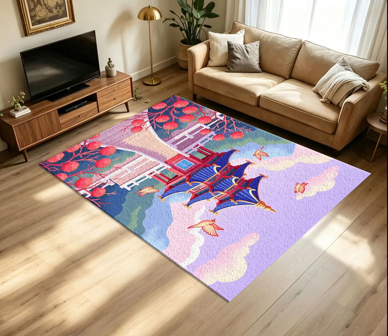Oriental Pagoda Garden Landscape Carpet Flooring, Cute Cartoon Chinese-Style Building Non-Slip Floor Rug for Home Bedroom Decor