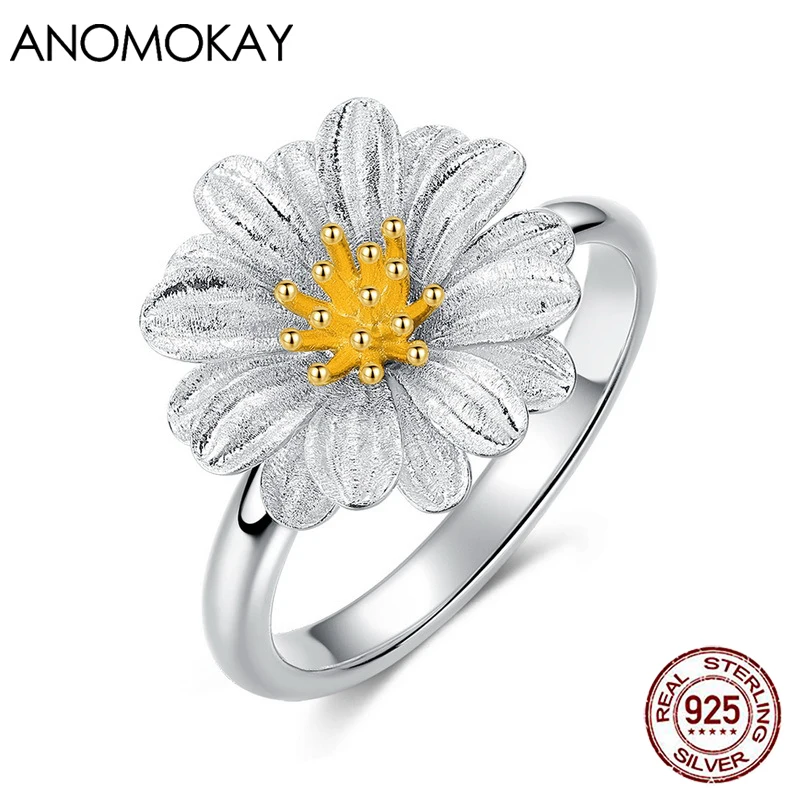 

100% S925 Pure Silver Gold-plated Daisy Resize Ring Korean Style Sweet Handmade Brushed Flower Index Finger Ring Gift for Women