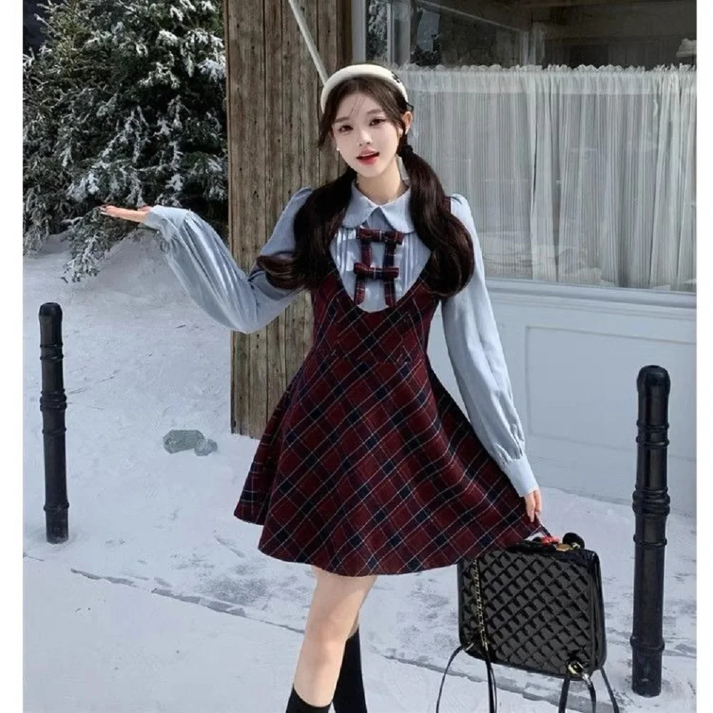 

Retro College Style Fake Two-Piece Plaid Dress Women Autumn Winter Niche Design Waist-Hugging Gentle Temperament Skirt