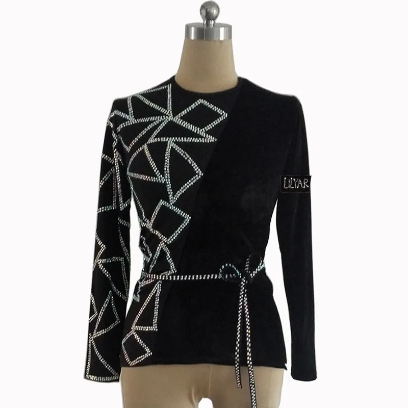 Customized Mens Latin Dance Top Competition Performance Dress Round Neck Long Sleeve Bottomless Pants Black Velvet Shiny Diamond