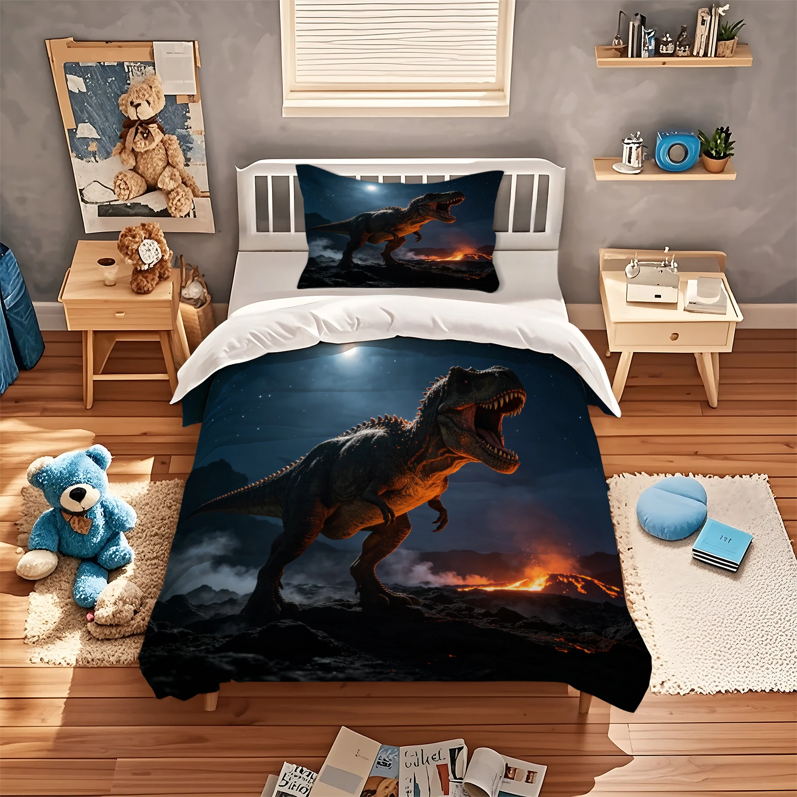 T‑Rex Duvet Cover Set Volcanic Night Scene Dinosaur Bedding Set Soft Brushed Microfiber Comforter Cover with Zipper Closure
