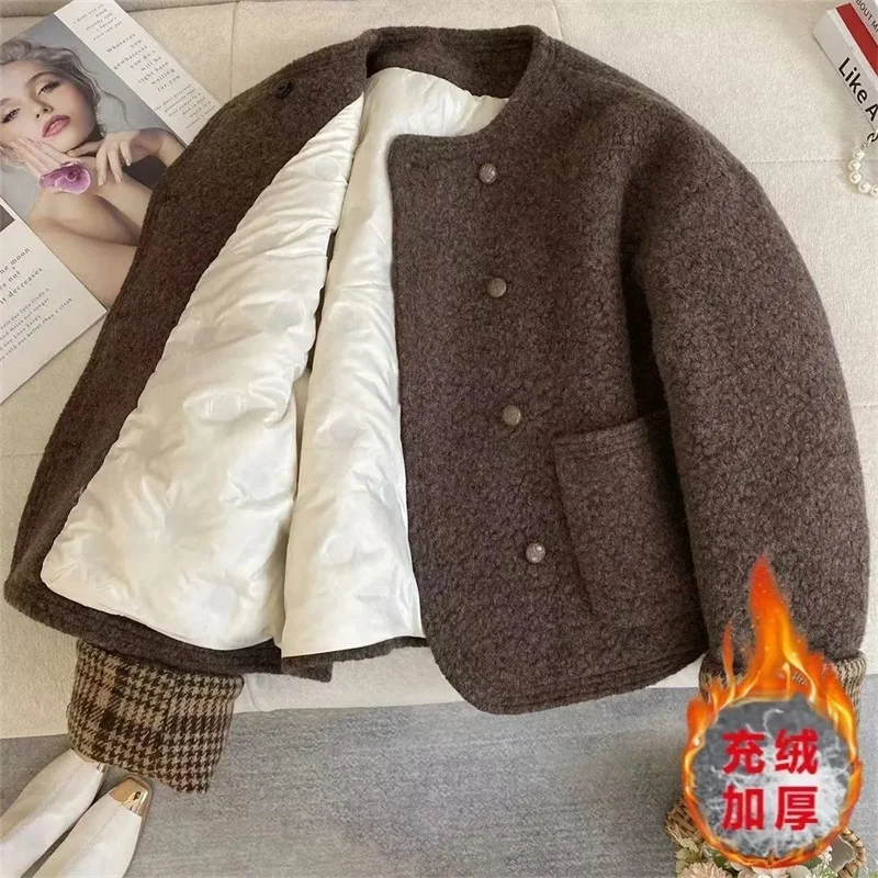 

2025 Female Round Neck Grid Thick For Lamb Coat Autumn Winter Lady Patchwork Top Outwear Retro Women Fashion Long Sleeves Jacket