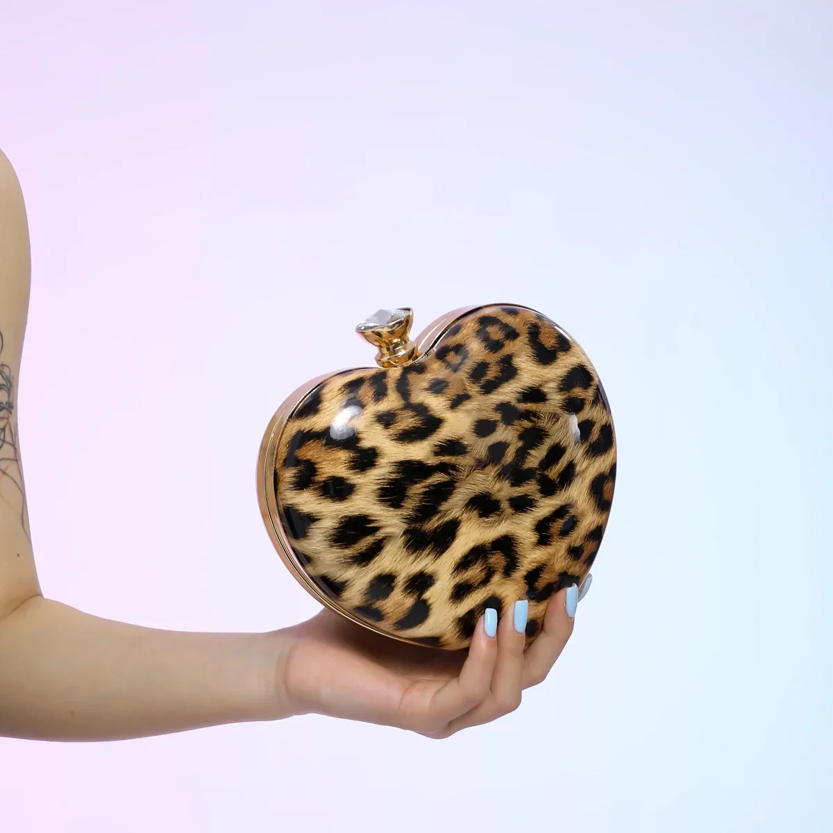 Ladies Famous Brand Evening Clutch Bag Heart Shape PU Patent Leather Leopard Print Luxury Phone Shoulder Handbag Women Wrist Bag