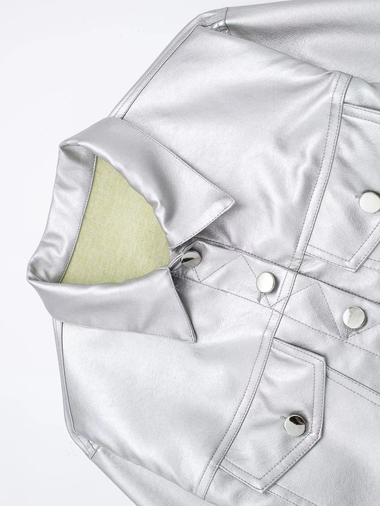 Silver PU Leather Jackets For Women Lapel Collar Fashion Autumn Streetwear Long Sleeve Single Breasted Cropped Jacket Outwear