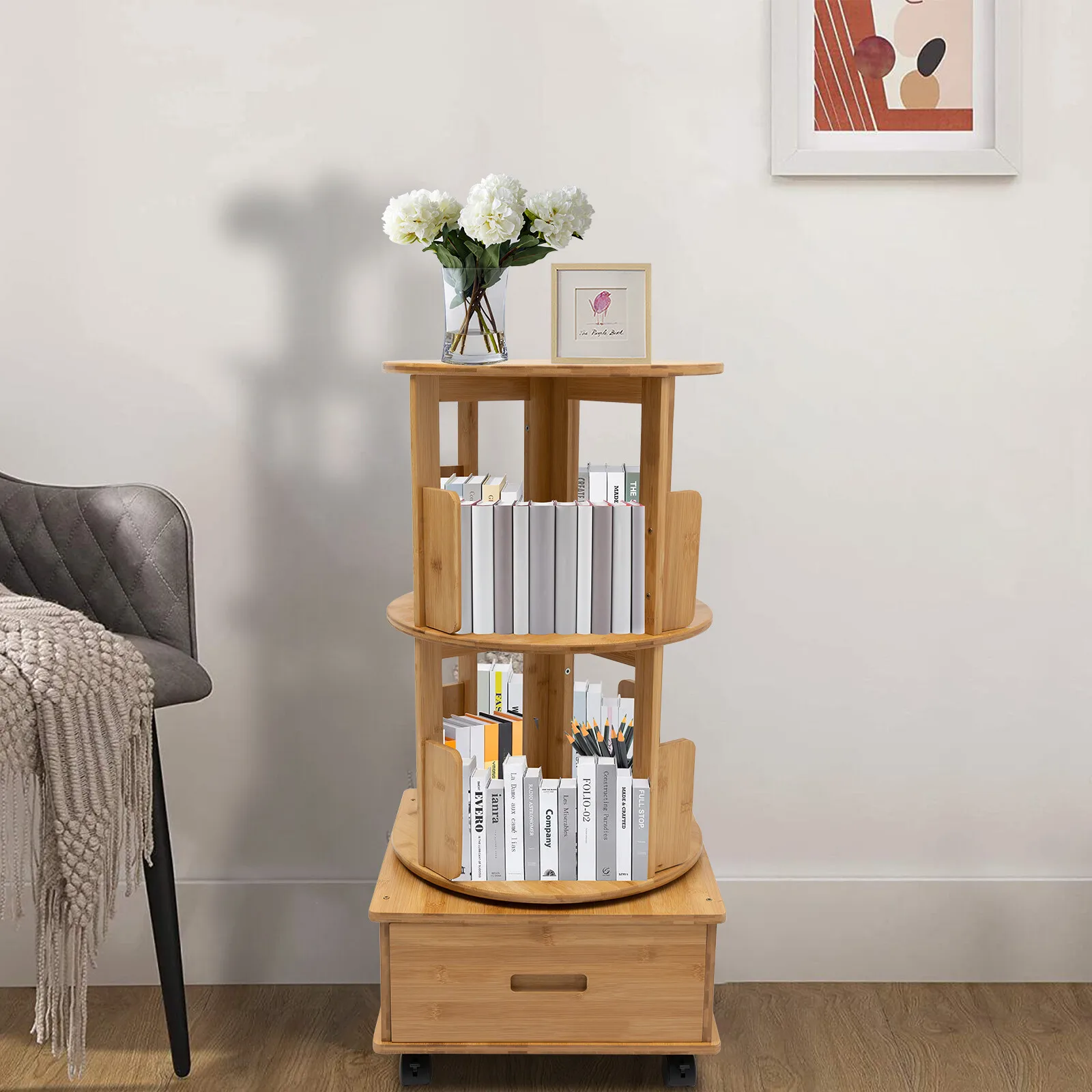 

360° Rotating 2-Tier Nightstand with Drawers & Wheels - Multifunctional Bedside End Table Bookcase for Bedroom Living Room