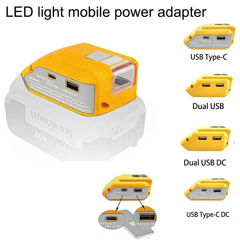 

Для Dewalt 20 В Макс. 18 В Адаптер аккумулятора DCB090 Источник питания с USB TYPE-C Преобразователь мощности 12 В постоянного тока 140LM Светодиодный рабочий фонарь Фонарик