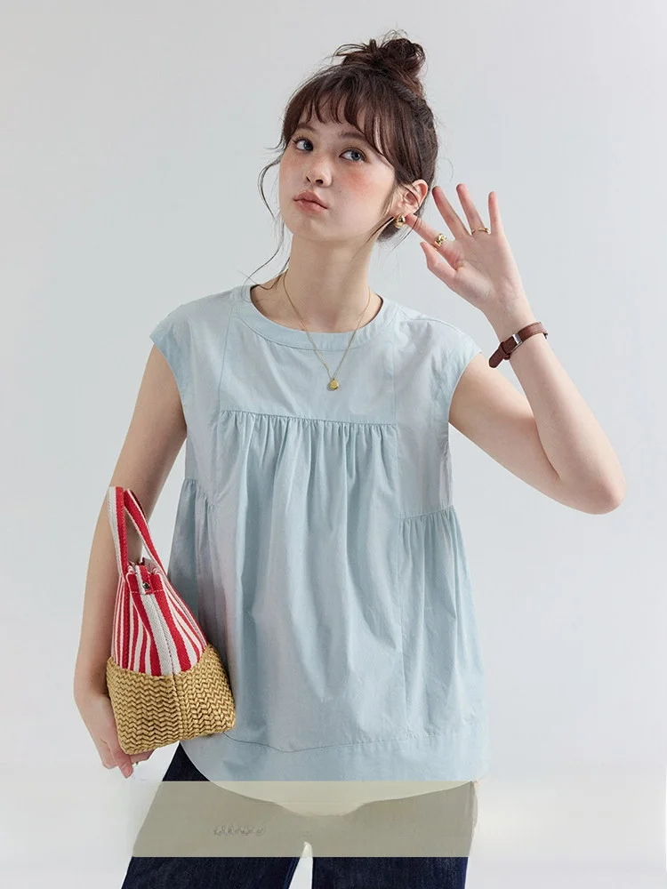 

AMUU Оригинальная плиссированная рубашка без рукавов из чистого хлопка в корейском стиле, женская летняя новая модная рубашка, дышащая и удобная.