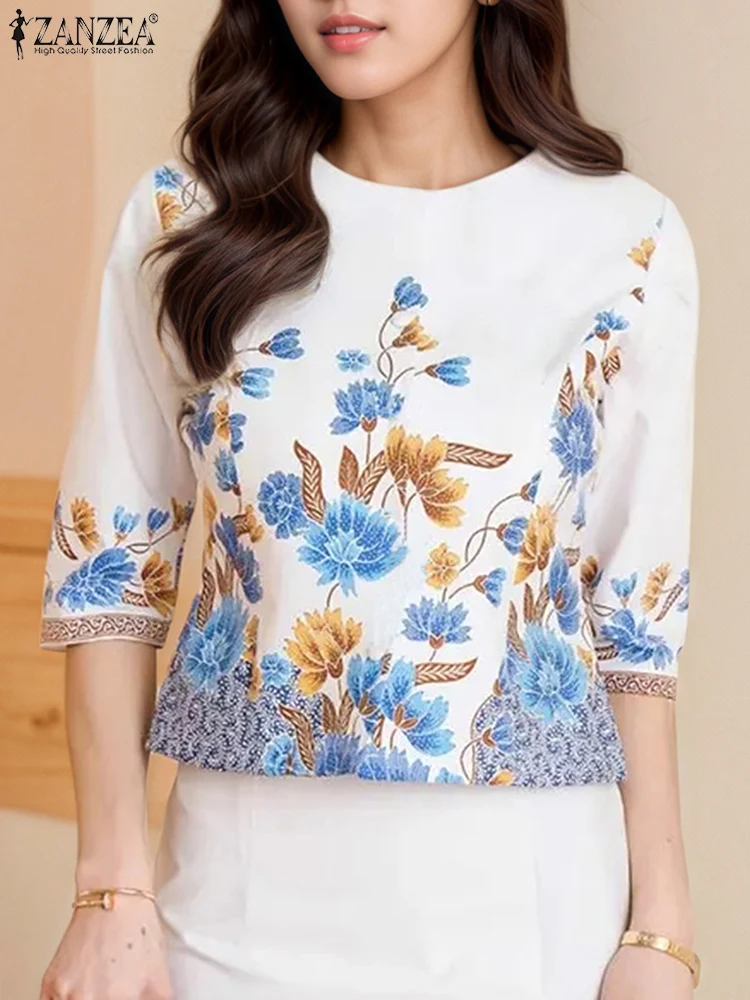 

ZANZEA 2025 Summer Tops Women 3/4 Sleeve Fashion Floral Print Blouses O Neck Loose Casual Blusas OL Tunic Oversize Streetwear