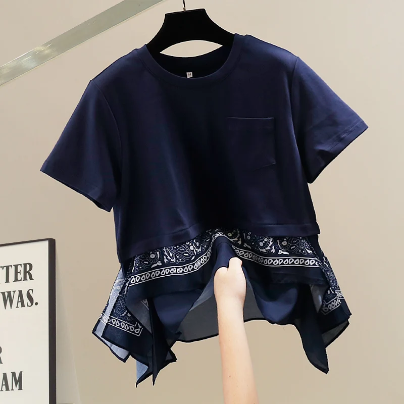 

Elegant Loose Short Sleeve Women's Shirt Fashionable Heavy Embellished Hem Design Cotton Blend Breathable Comfortable Casual ...