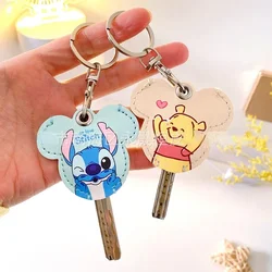 Disney Cute Stitch Winnie the Pooh Mini Key Holder PU Leather Key Bag Cartoon Mickey Minnie Key Case Access Card Protection Clip