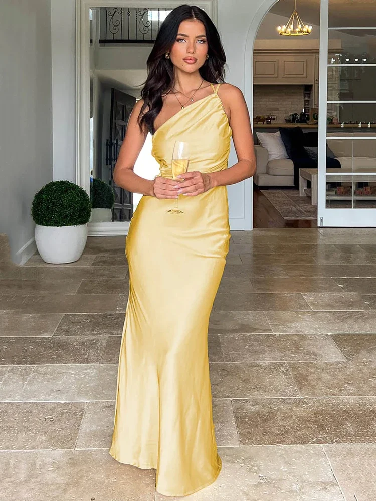 

LangMao Satin Diagonal Collar Backless Maxi Dress For Women Robe Summer New Sleeveless Bodycon Club Party Sexy Long Dress