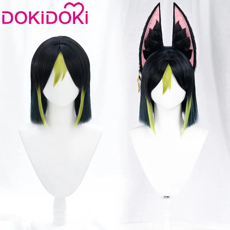 LQIN STOCK Tighnari شعر مستعار لعبة Genshin تأثير شعر مستعار تأثيري DokiDoki Tighnari تأثيري الشعر Dendro Sumeru مرونة الأذن هالوين