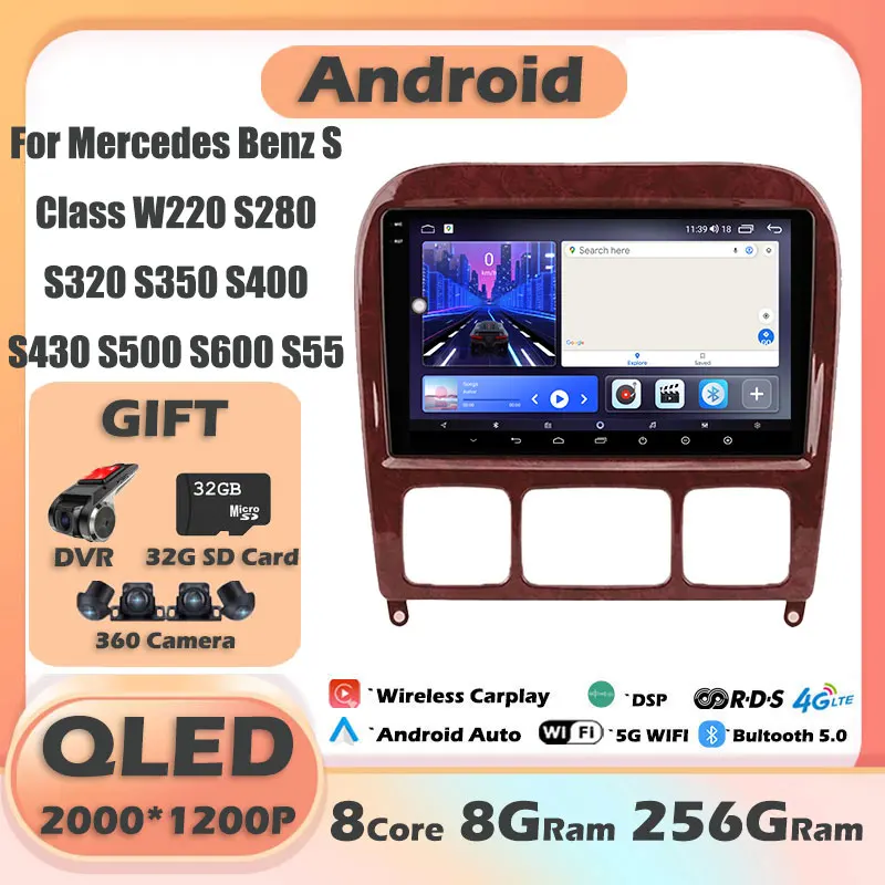 QLED / IPS Android 14 Car Radio GPS Multimedia Player For Mercedes Benz S Class W220 S280 S320 S350 S400 S430 S500 S600 S55 AMG