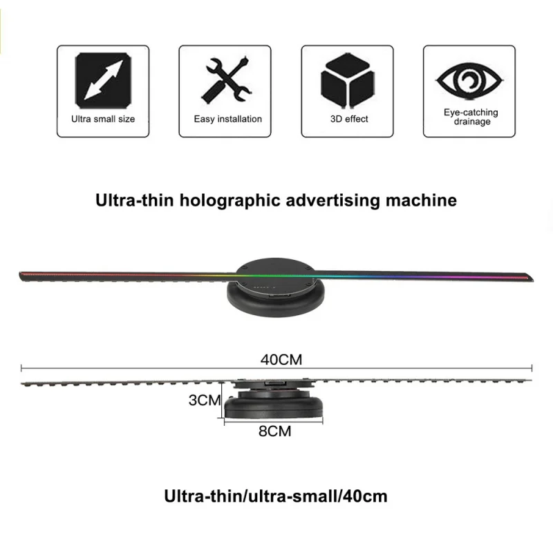 Projetor holograma montado na parede, ventilador 3D, sinal LED, reprodutor holográfico de lâmpada, exibição remota de publicidade, filmes e vídeos de suporte