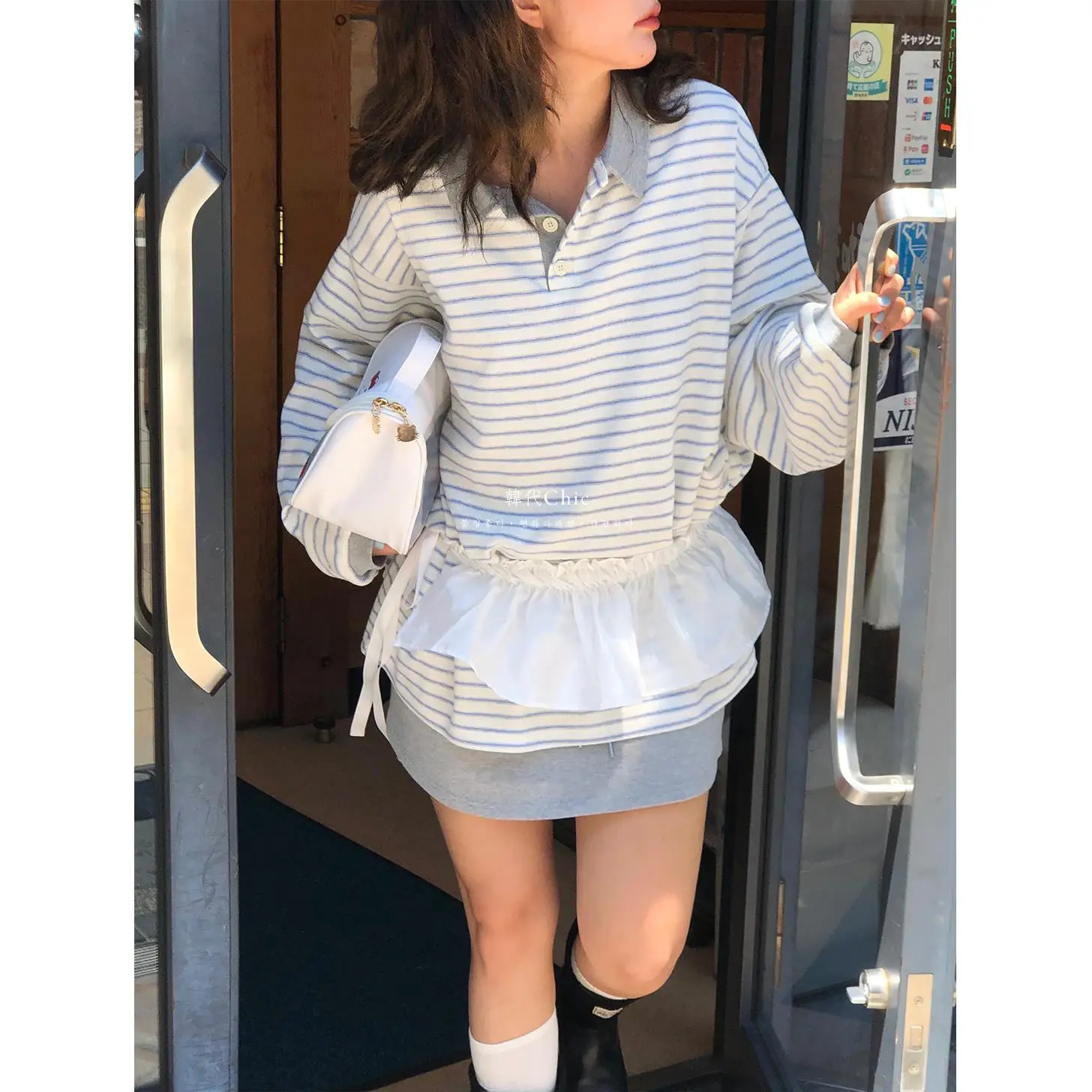 

Korean Sle Long Sve Crew Ne Striped irt Women's Top Lazy Casual Vintage Pattern Straight Cut Daily Wear